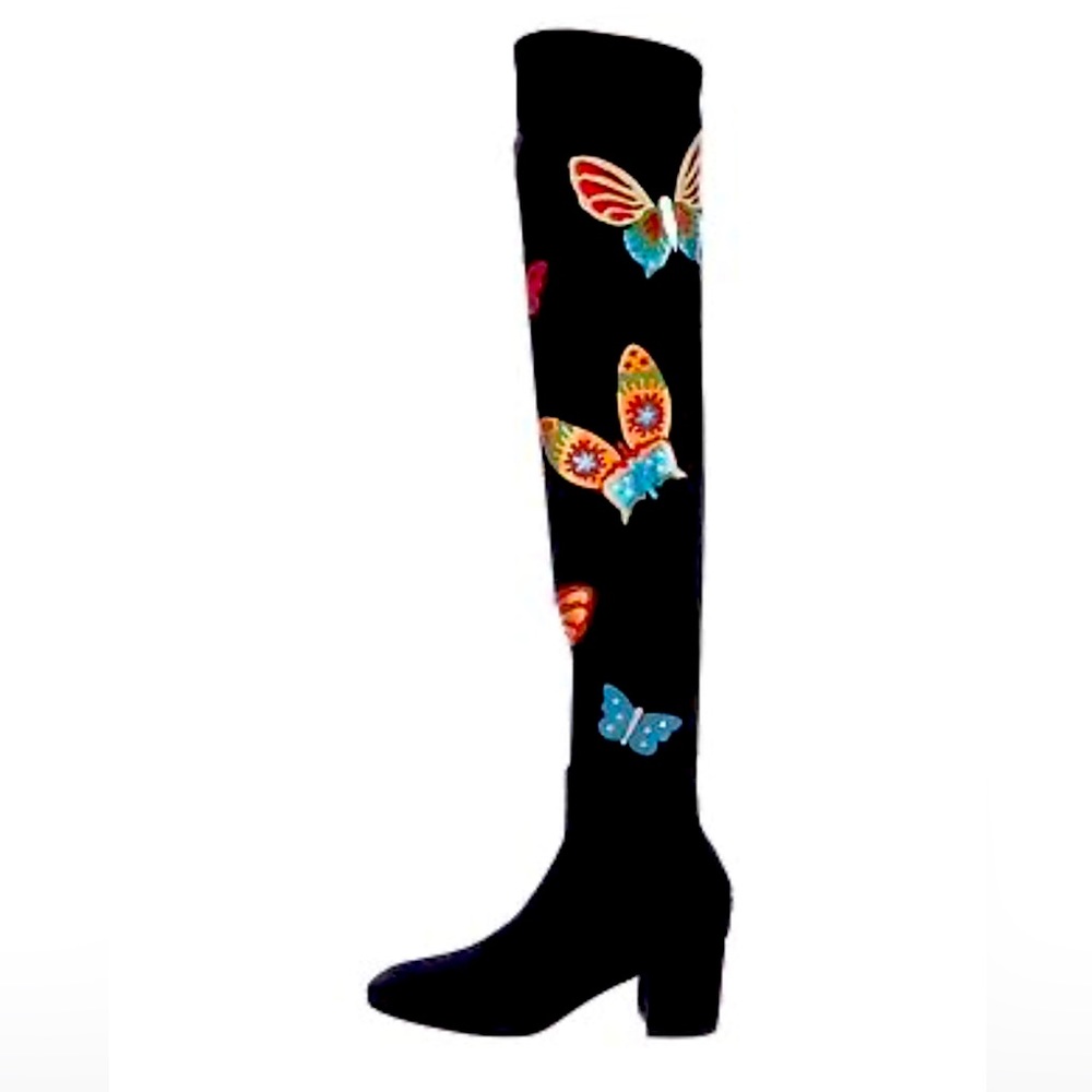 Valentino Black Suede W/Metallic Appliquéd Butterfly Boots IT37.5 - Picture 2 of 10